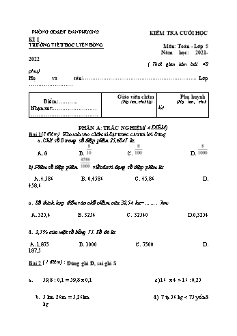 Đề kiểm tra cuối học kì I môn Toán Lớp 5 - Năm học 2021-2022 - Trường Tiểu học Liên Hồng