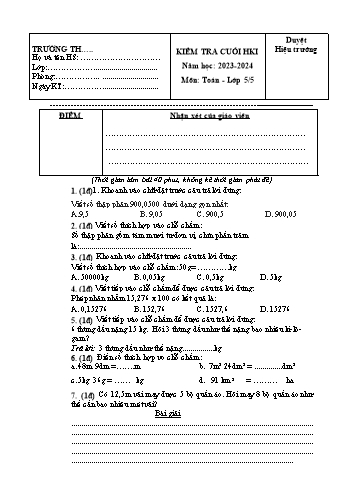 Đề kiểm tra cuối học kì I môn Toán Lớp 5 - Năm học 2023-2024 - Đề 1 (Có đáp án)