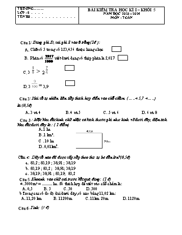 Đề kiểm tra cuối học kì I môn Toán Lớp 5 - Năm học 2023-2024 - Đề 5 (Có đáp án)