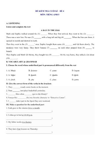 Đề kiểm tra cuối kì 1 môn Tiếng Anh Lớp 5 - Đề 4 (Có file nghe + đáp án)