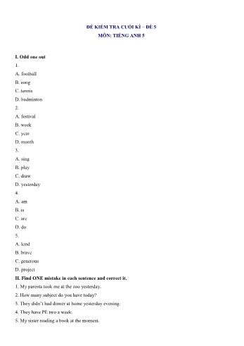 Đề kiểm tra cuối kì 1 môn Tiếng Anh Lớp 5 - Đề 5 (Có đáp án)
