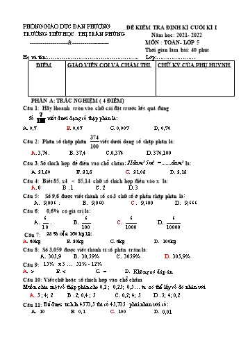 Đề kiểm tra định kì cuối học kì I môn Toán Lớp 5 - Năm học 2021-2022 - Trường Tiểu học Thị trấn Phùng (Có đáp án)