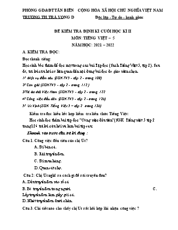 Đề kiểm tra định kì cuối học kì II Các môn Lớp 5 - Năm học 2021-2022 - Trường Tiểu học Trà Vong D (Có đáp án)