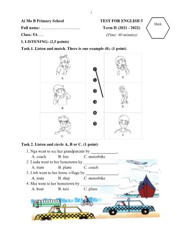 Đề kiểm tra định kì cuối học kì II môn Tiếng Anh Lớp 5 - Năm học 2021-2022 - Trường Tiểu học Ái Mộ B