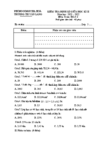 Đề kiểm tra định kì giữa học kì II môn Toán Lớp 5 - Năm học 2021-2022 - Trường Tiểu học Văn Lang