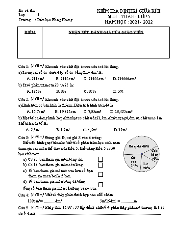 Đề kiểm tra định kì giữa kì II môn Toán Lớp 5 - Năm học 2021-2022 - Trường Tiểu học Hồng Phong (Có đáp án)