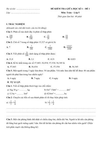 Đề kiểm tra giữa học kì 1 môn Toán Lớp 5 - Đề 1 (Có đáp án)