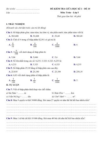 Đề kiểm tra giữa học kì 1 môn Toán Lớp 5 - Đề 10 (Có đáp án)