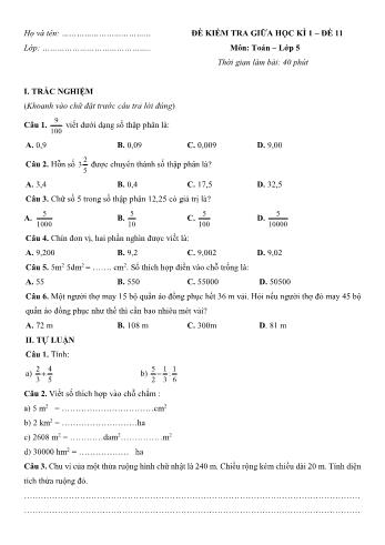 Đề kiểm tra giữa học kì 1 môn Toán Lớp 5 - Đề 11 (Có đáp án)