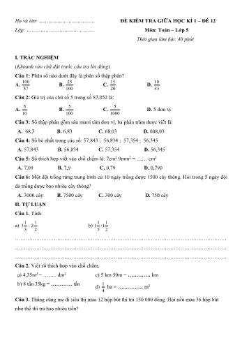 Đề kiểm tra giữa học kì 1 môn Toán Lớp 5 - Đề 12 (Có đáp án)