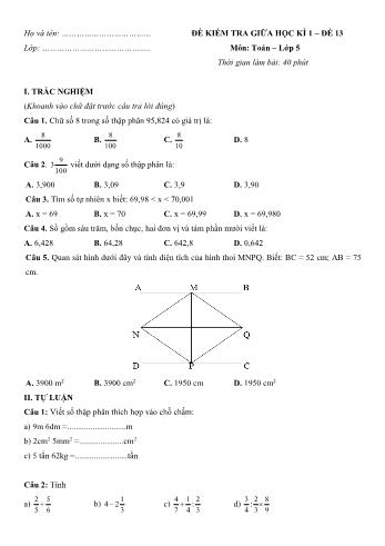 Đề kiểm tra giữa học kì 1 môn Toán Lớp 5 - Đề 13 (Có đáp án)