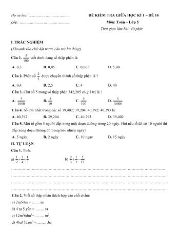 Đề kiểm tra giữa học kì 1 môn Toán Lớp 5 - Đề 14 (Có đáp án)