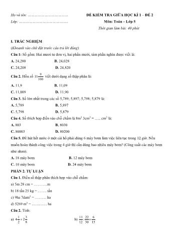 Đề kiểm tra giữa học kì 1 môn Toán Lớp 5 - Đề 2 (Có đáp án)