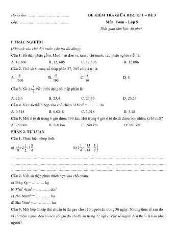 Đề kiểm tra giữa học kì 1 môn Toán Lớp 5 - Đề 3 (Có đáp án)
