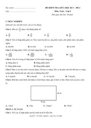 Đề kiểm tra giữa học kì 1 môn Toán Lớp 5 - Đề 4 (Có đáp án)