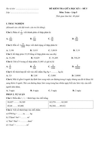 Đề kiểm tra giữa học kì 1 môn Toán Lớp 5 - Đề 5 (Có đáp án)