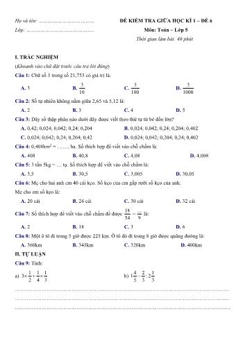 Đề kiểm tra giữa học kì 1 môn Toán Lớp 5 - Đề 6 (Có đáp án)