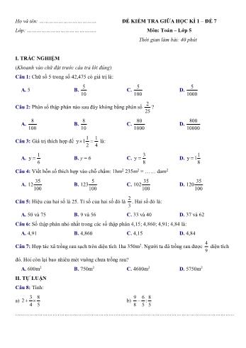 Đề kiểm tra giữa học kì 1 môn Toán Lớp 5 - Đề 7 (Có đáp án)