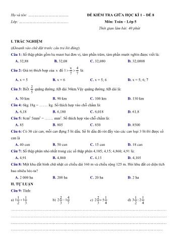 Đề kiểm tra giữa học kì 1 môn Toán Lớp 5 - Đề 8 (Có đáp án)