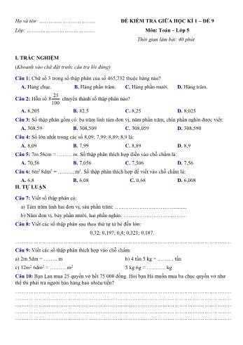 Đề kiểm tra giữa học kì 1 môn Toán Lớp 5 - Đề 9 (Có đáp án)