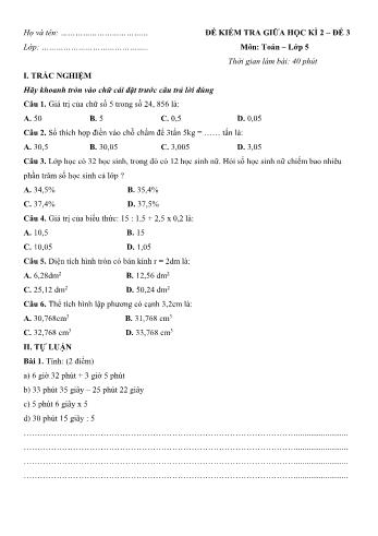 Đề kiểm tra giữa học kì 2 môn Toán Lớp 5 - Đề 3 (Có đáp án)