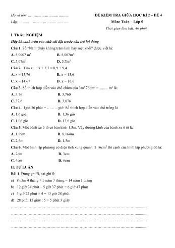 Đề kiểm tra giữa học kì 2 môn Toán Lớp 5 - Đề 4 (Có đáp án)