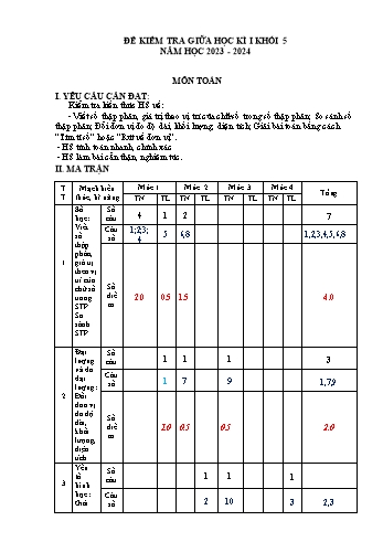 Đề kiểm tra giữa học kì I môn Toán Lớp 5 - Năm học 2023-2024 (Có đáp án)