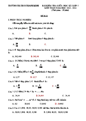 Đề kiểm tra giữa học kì I môn Toán Lớp 5 - Năm học 2023-2024 - Trường TH-THCS Thanh Minh (Có đáp án)