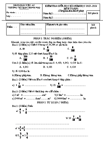 Đề kiểm tra giữa học kì I môn Toán Lớp 5 - Năm học 2023-2024 - Trường Tiểu học Trần Thành Ngọ - Đề 2