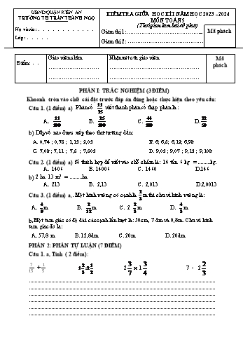 Đề kiểm tra giữa học kì I môn Toán Lớp 5 - Năm học 2023-2024 - Trường Tiểu học Trần Thành Ngọ - Đề 1