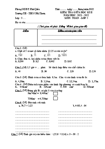 Đề kiểm tra giữa học kì II môn Toán Lớp 5 - Năm học 2021-2022 - Trường TH-THCS Bãi Thơm (Có đáp án)