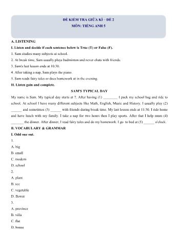 Đề kiểm tra giữa kì I môn Tiếng Anh Lớp 5 - Đề 2 (Có file nghe + đáp án)
