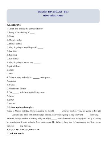 Đề kiểm tra giữa kì I môn Tiếng Anh Lớp 5 - Đề 3 (Có file nghe + đáp án)