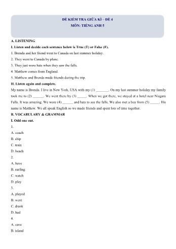 Đề kiểm tra giữa kì I môn Tiếng Anh Lớp 5 - Đề 4 (Có file nghe + đáp án)