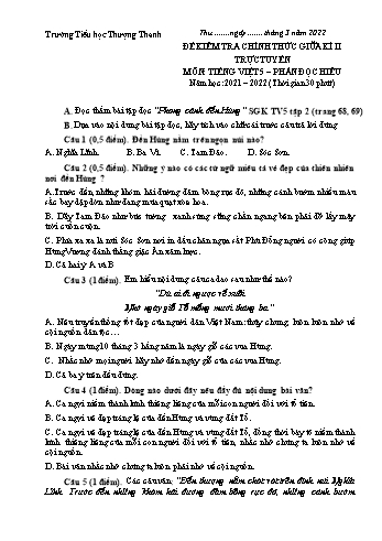 Đề kiểm tra giữa kì II môn Tiếng Việt Lớp 5 - Năm học 2021-2022 - Trường Tiểu học Thượng Thanh (Có đáp án)