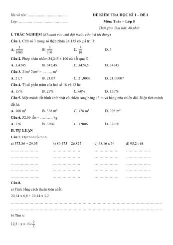 Đề kiểm tra học kì 1 môn Toán Lớp 5 - Đề 1 (Có đáp án)