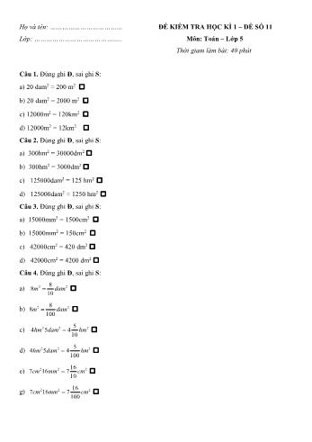Đề kiểm tra học kì 1 môn Toán Lớp 5 - Đề 11 (Có đáp án)