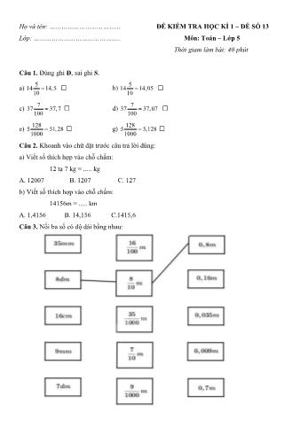 Đề kiểm tra học kì 1 môn Toán Lớp 5 - Đề 13 (Có đáp án)