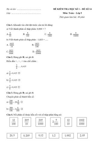 Đề kiểm tra học kì 1 môn Toán Lớp 5 - Đề 14 (Có đáp án)