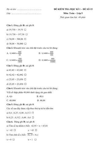 Đề kiểm tra học kì 1 môn Toán Lớp 5 - Đề 15 (Có đáp án)