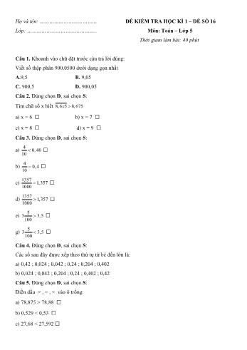 Đề kiểm tra học kì 1 môn Toán Lớp 5 - Đề 16 (Có đáp án)