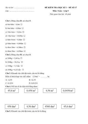 Đề kiểm tra học kì 1 môn Toán Lớp 5 - Đề 17 (Có đáp án)