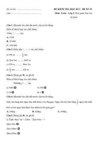 Đề kiểm tra học kì 1 môn Toán Lớp 5 - Đề 19 (Có đáp án)