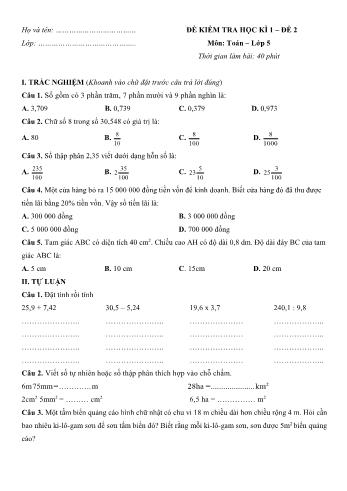 Đề kiểm tra học kì 1 môn Toán Lớp 5 - Đề 2 (Có đáp án)