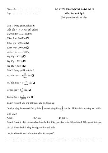 Đề kiểm tra học kì 1 môn Toán Lớp 5 - Đề 20 (Có đáp án)
