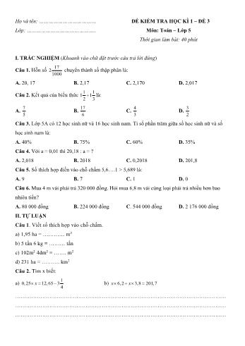 Đề kiểm tra học kì 1 môn Toán Lớp 5 - Đề 3 (Có đáp án)