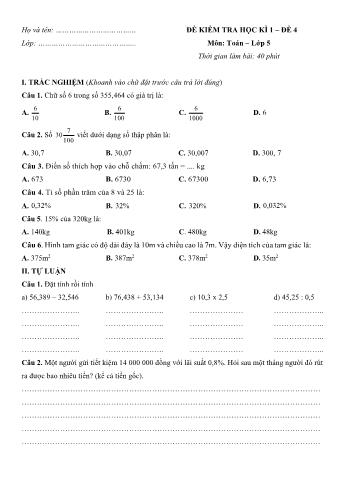 Đề kiểm tra học kì 1 môn Toán Lớp 5 - Đề 4 (Có đáp án)