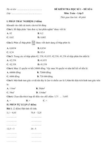 Đề kiểm tra học kì 1 môn Toán Lớp 5 - Đề 6 (Có đáp án)