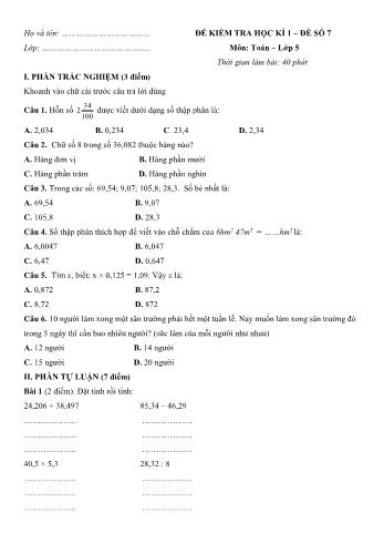 Đề kiểm tra học kì 1 môn Toán Lớp 5 - Đề 7 (Có đáp án)