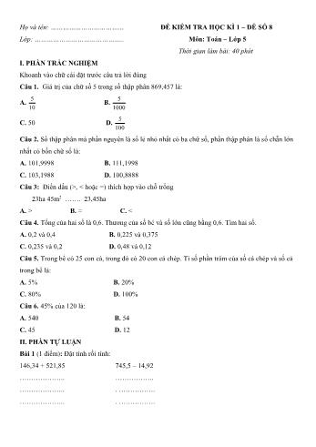 Đề kiểm tra học kì 1 môn Toán Lớp 5 - Đề 8 (Có đáp án)